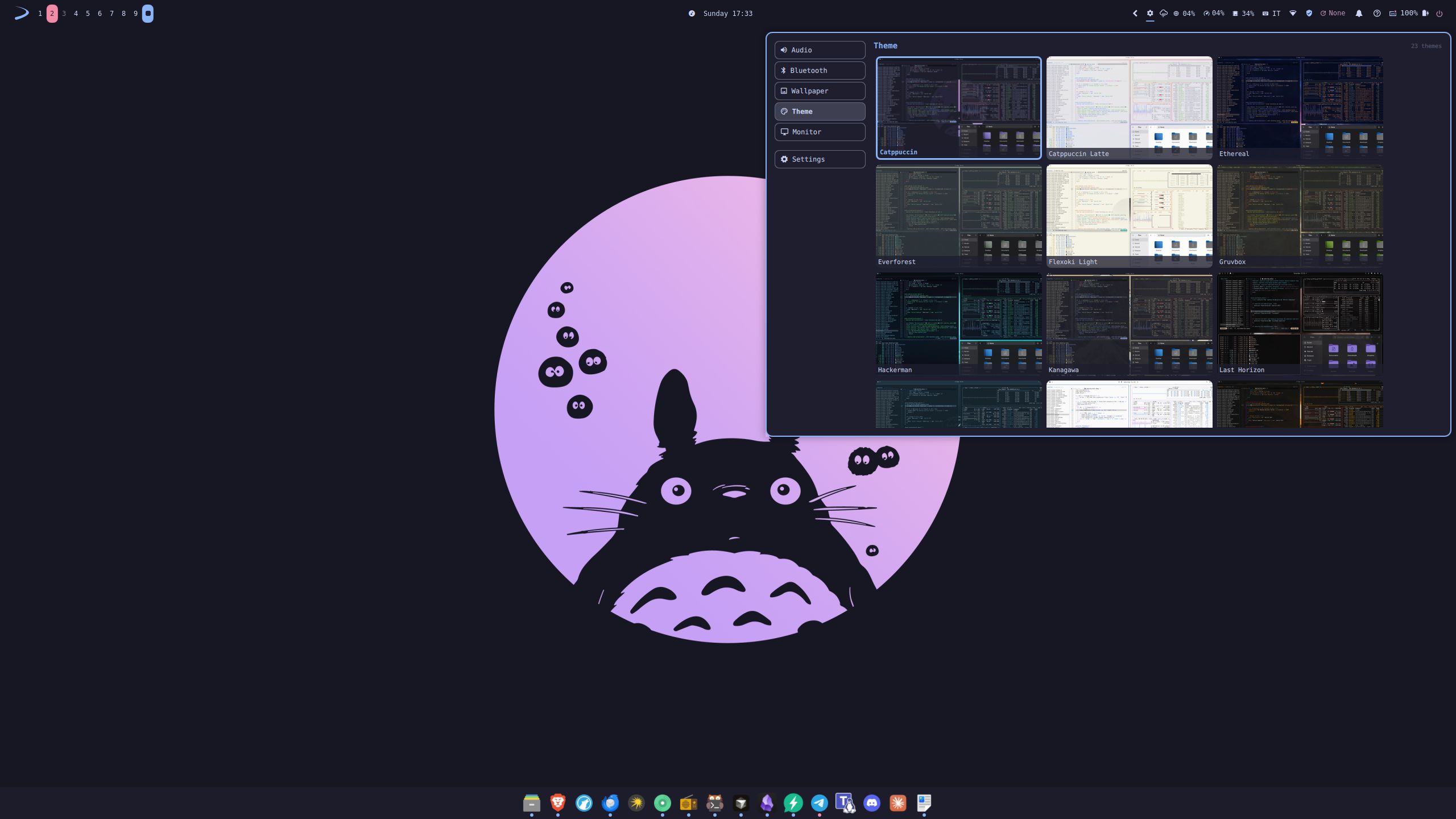 Control Panel — Audio, Bluetooth, wallpaper, theme and monitors. Theme: Catppuccin.