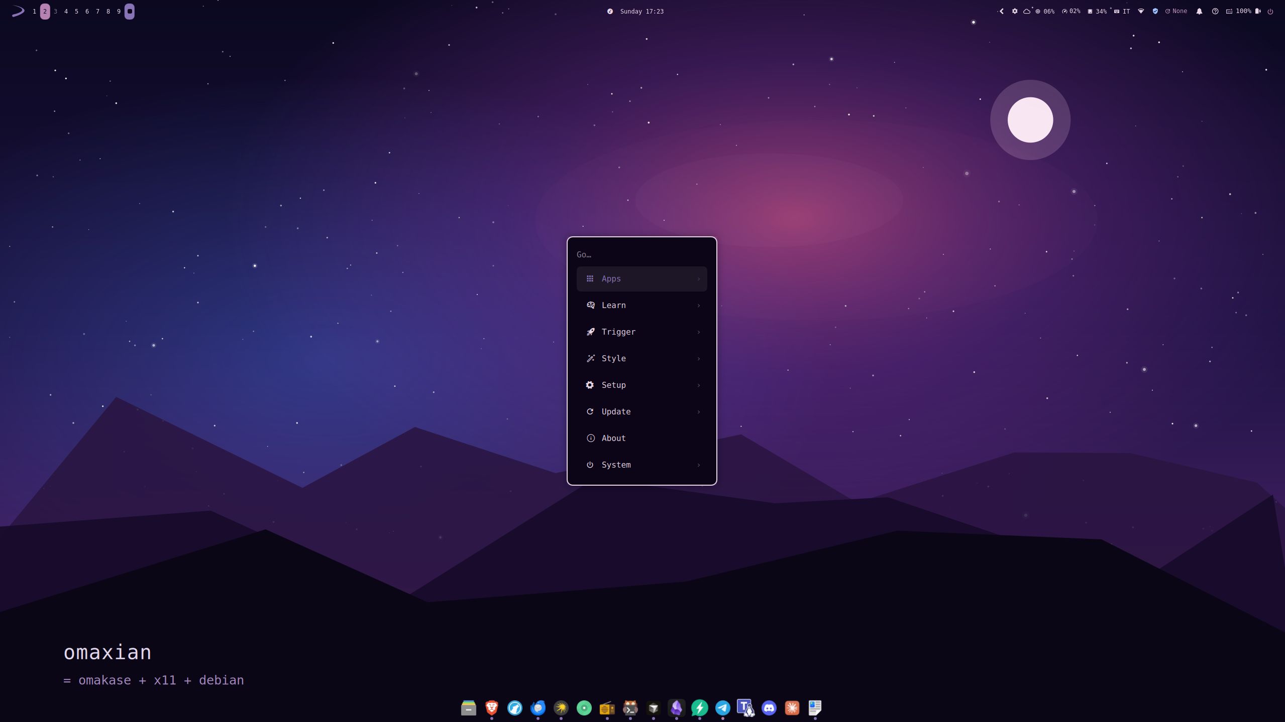 Menu — Apps and omarchy-* commands in one launcher. Theme: Nebula Ridge.