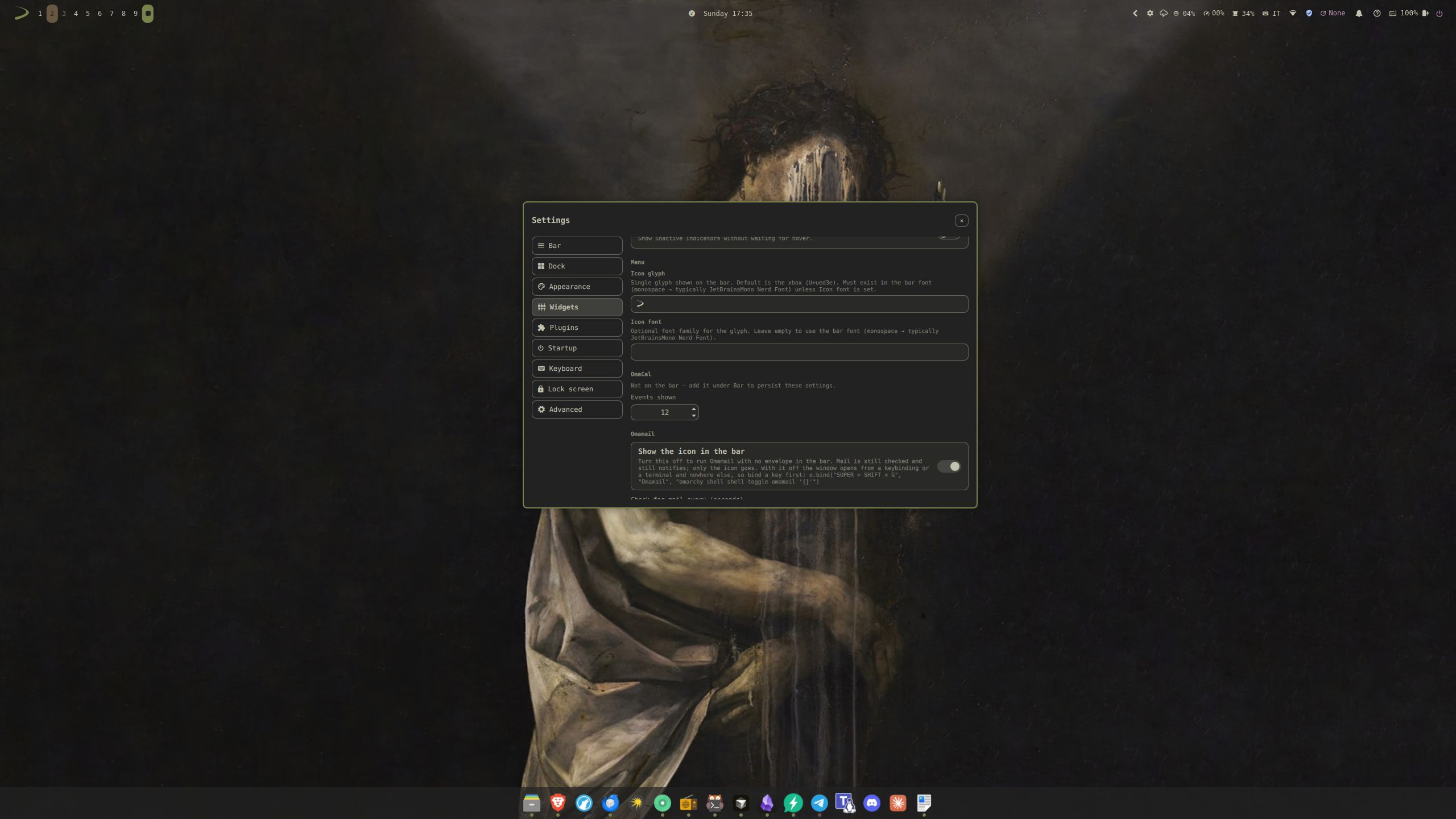 Settings — Bar, dock, widgets and startup apps — no text editor needed. Theme: Miasma.