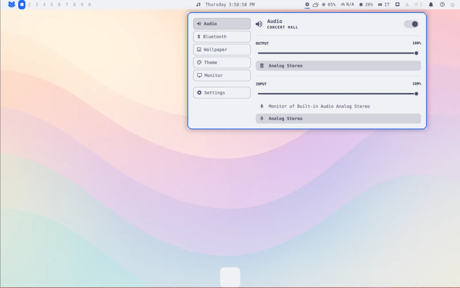 Control Panel — Audio, Bluetooth, wallpaper, theme and monitors.