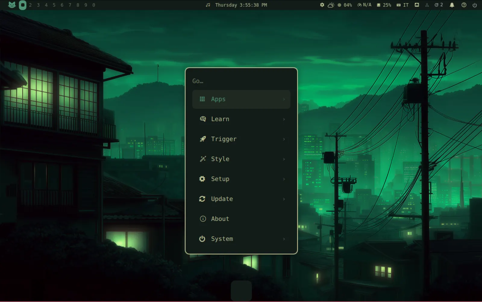 Menu — Apps and omarchy-* commands in one launcher.
