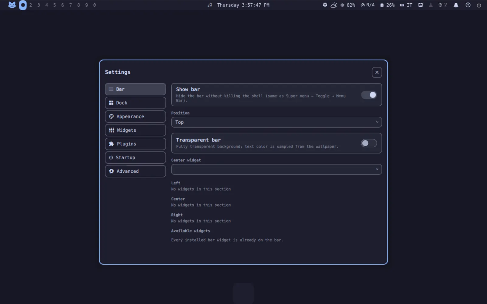 Settings — Bar, dock, widgets and startup apps — no text editor needed.