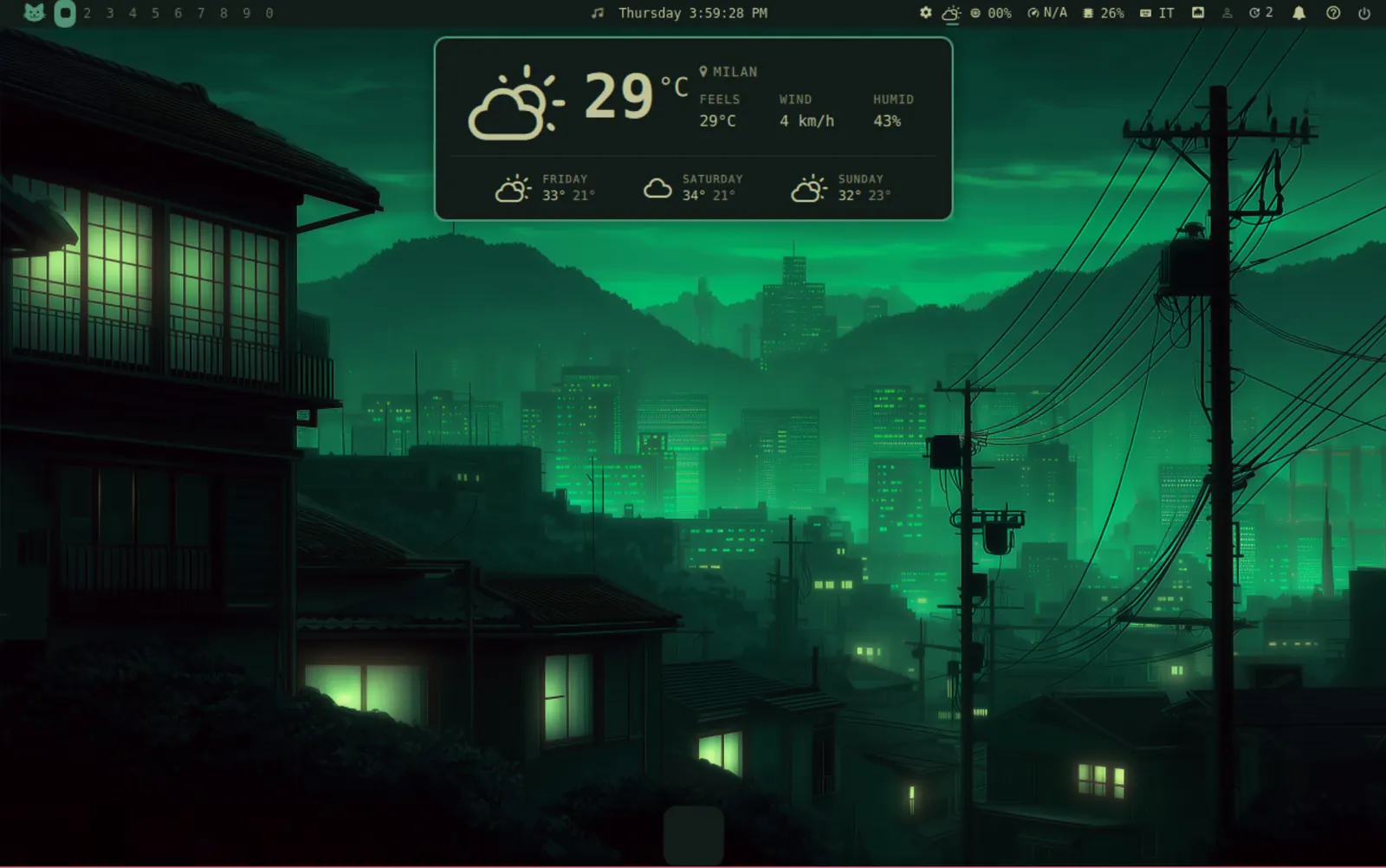 Weather — Forecast popup straight from the bar widget.